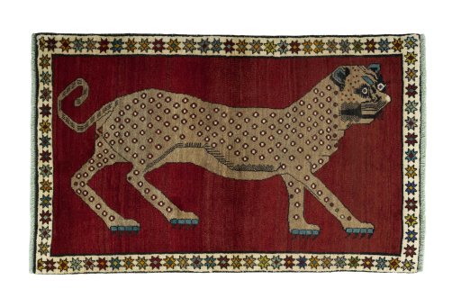 Full view of 2000s Persian Gabbeh rug from Iran / Persia, 167 × 104 cm in Red tones
