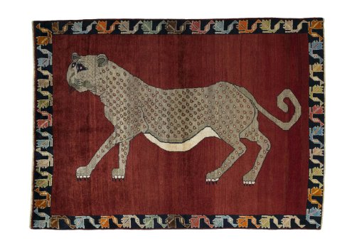Full view of 2000s Persian Gabbeh rug from Iran / Persia, 193 × 140 cm in Red tones
