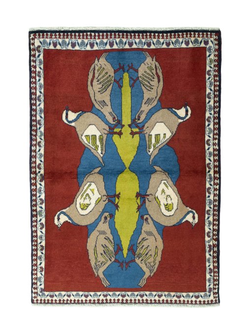 Full view of 2000s Persian Gabbeh rug from Iran / Persia, 145 × 102 cm in Red tones