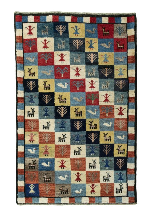 Full view of 2000s Persian Gabbeh rug from Iran / Persia, 137 × 90 cm in Multi Color tones