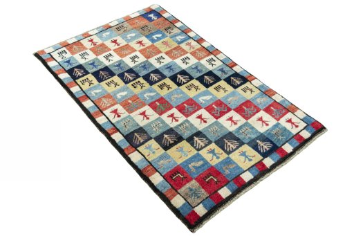 Close-up detail of 2000s Persian Gabbeh rug from Iran / Persia showing Wool weave