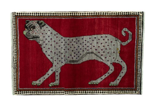 Full view of 2000s Persian Gabbeh rug from Iran / Persia, 152 × 100 cm in Red tones