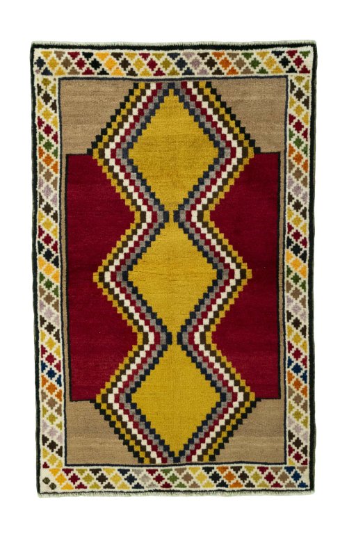 Full view of 2000s Persian Gabbeh rug from Iran / Persia, 154 × 96 cm in Multi Color tones