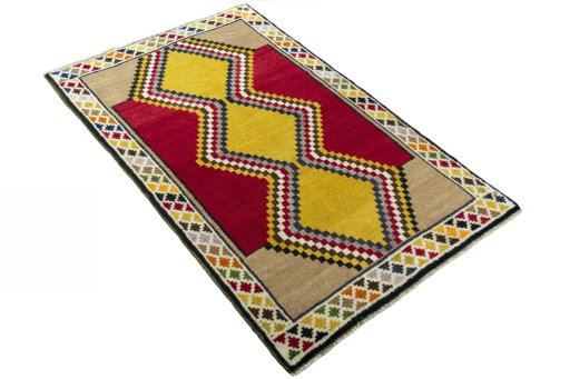 Close-up detail of 2000s Persian Gabbeh rug from Iran / Persia showing Wool weave