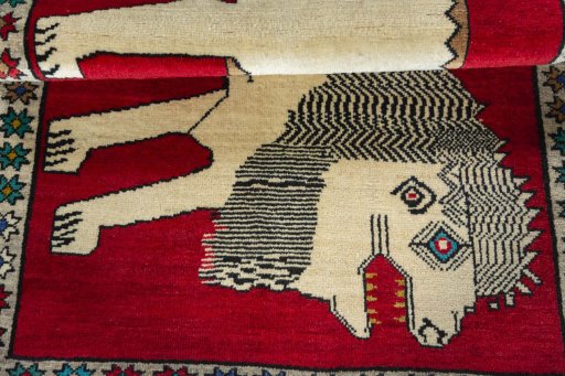 Full view of 2000s Persian Gabbeh rug from Iran / Persia, 150 × 101 cm in Red tones