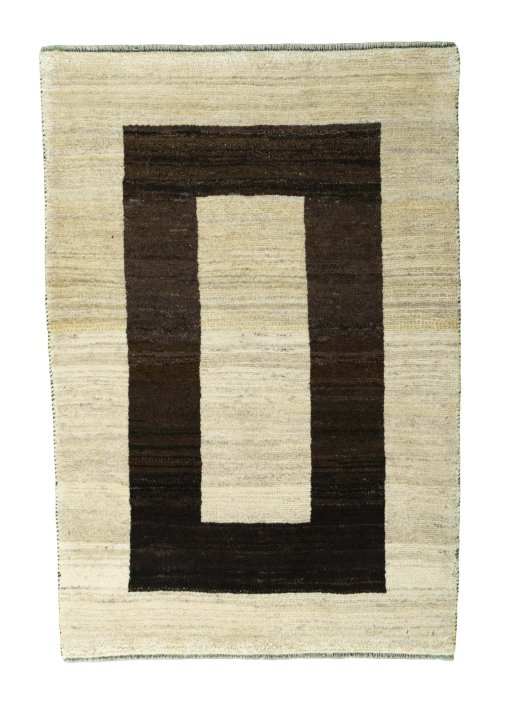Full view of 2000s Persian Gabbeh rug from Iran / Persia, 150 × 102 cm in Beige tones