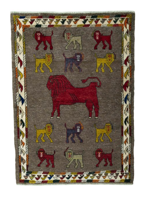 Full view of 2000s Persian Gabbeh rug from Iran / Persia, 153 × 110 cm in Gray tones