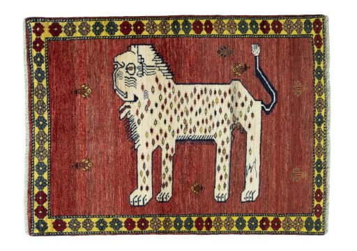 Full view of 2000s Persian Gabbeh rug from Iran / Persia, 135 × 100 cm in Red tones