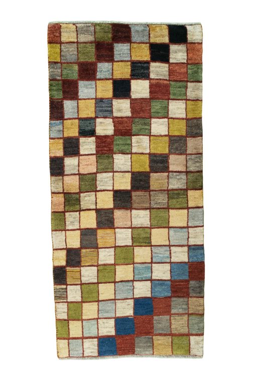 Full view of 2000s Persian Gabbeh rug from Iran / Persia, 195 × 91 cm in Multi Color tones