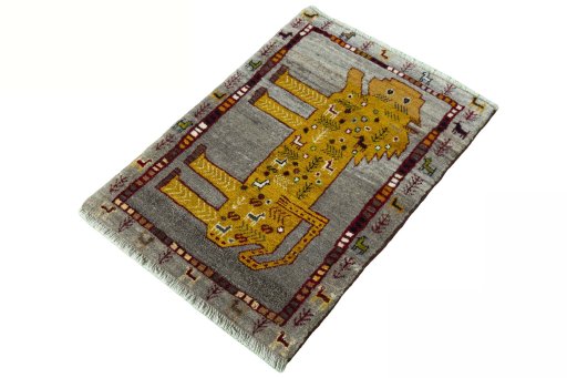 Corner detail of New Persian Gabbeh rug showing border pattern and Wool pile