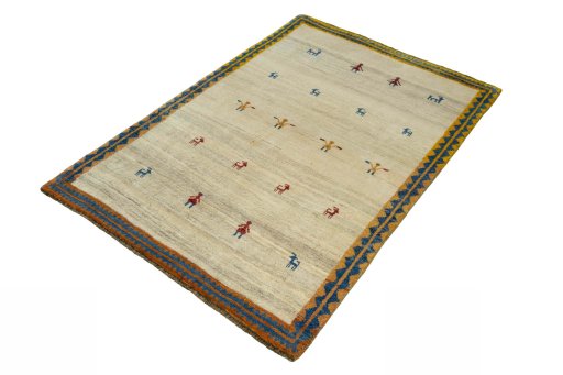 Corner detail of 2000s Persian Gabbeh rug showing border pattern and Wool pile