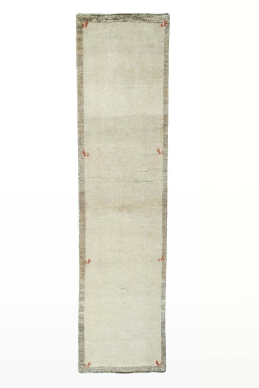 Full view of New Persian Gabbeh rug from Iran / Persia, 279 × 70 cm in Beige tones