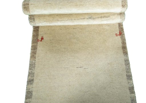 Full view of New Persian Gabbeh rug from Iran / Persia, 279 × 70 cm in Beige tones