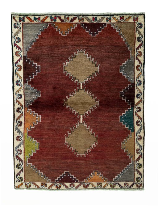 Full view of 2000s Persian Gabbeh rug from Iran / Persia, 143 × 108 cm in Red tones