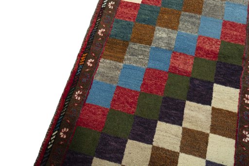 Backside of handmade 2000s Persian Gabbeh rug showing knot structure and weave density