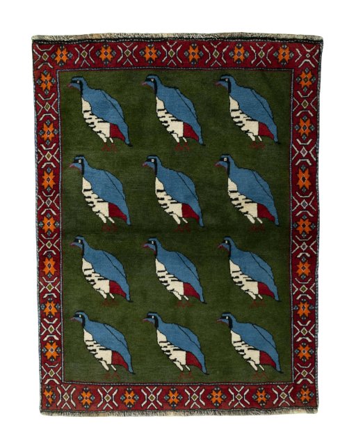 Full view of 2000s Persian Gabbeh rug from Iran / Persia, 145 × 111 cm in Green tones