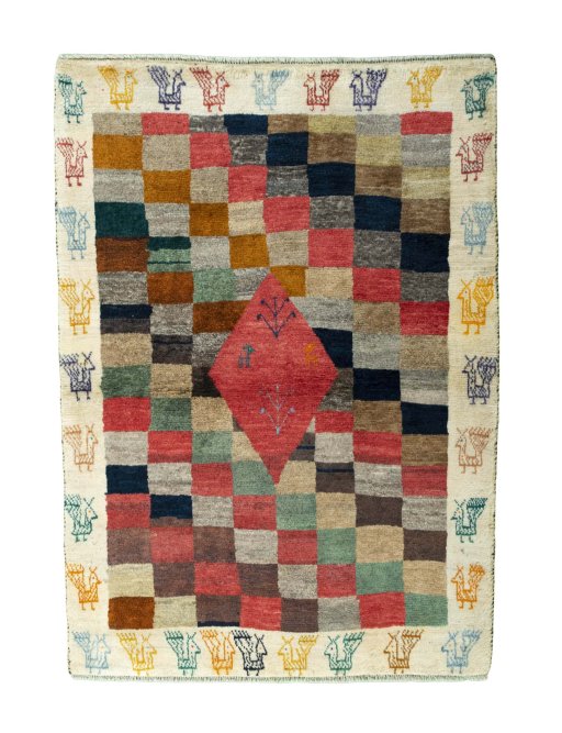 Full view of 2000s Persian Gabbeh rug from Iran / Persia, 151 × 112 cm in Multi Color tones