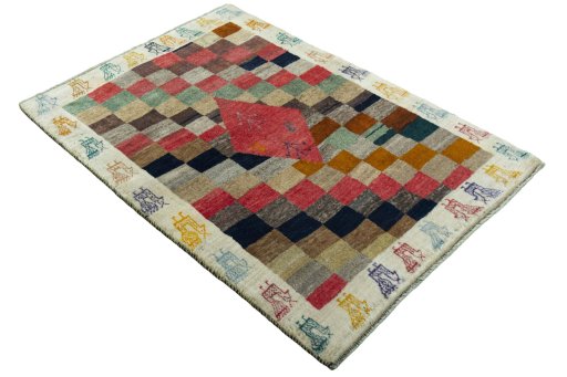 Close-up detail of 2000s Persian Gabbeh rug from Iran / Persia showing Wool weave