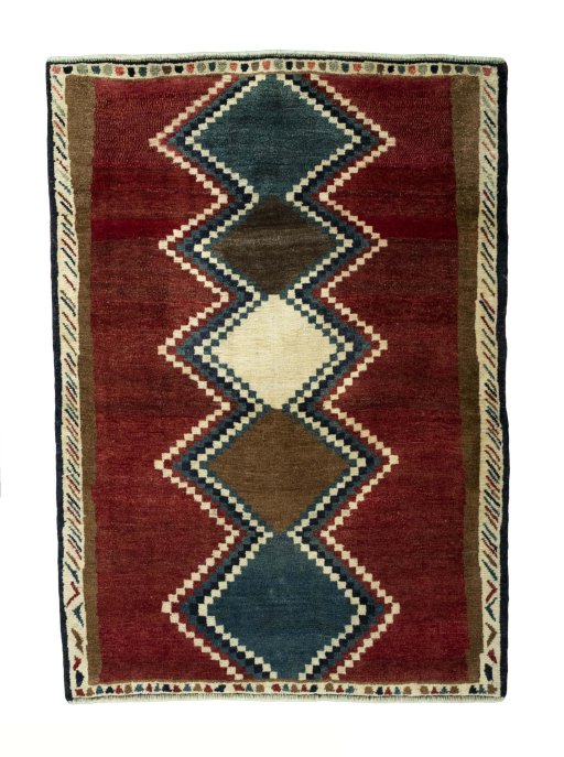 Full view of 2000s Persian Gabbeh rug from Iran / Persia, 145 × 102 cm in Multi Color tones
