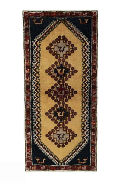 Full view of 2000s Persian Gabbeh rug from Iran / Persia, 200 × 92 cm in Yellow tones