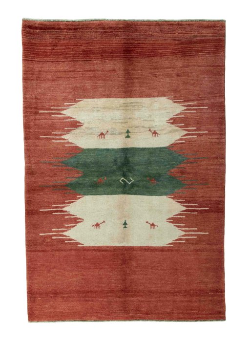 Full view of 2000s Persian Gabbeh rug from Iran / Persia, 258 × 174 cm in Red tones