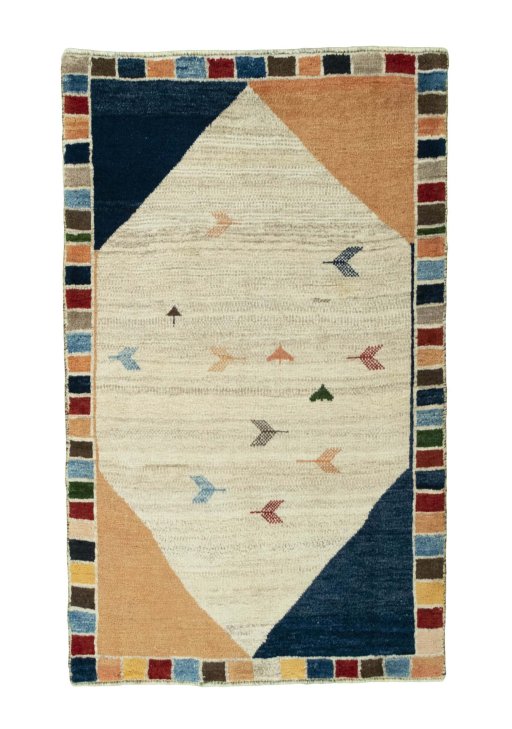 Full view of 2000s Persian Gabbeh rug from Iran / Persia, 142 × 86 cm in Beige tones