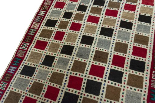 Backside of handmade 2000s Persian Gabbeh rug showing knot structure and weave density