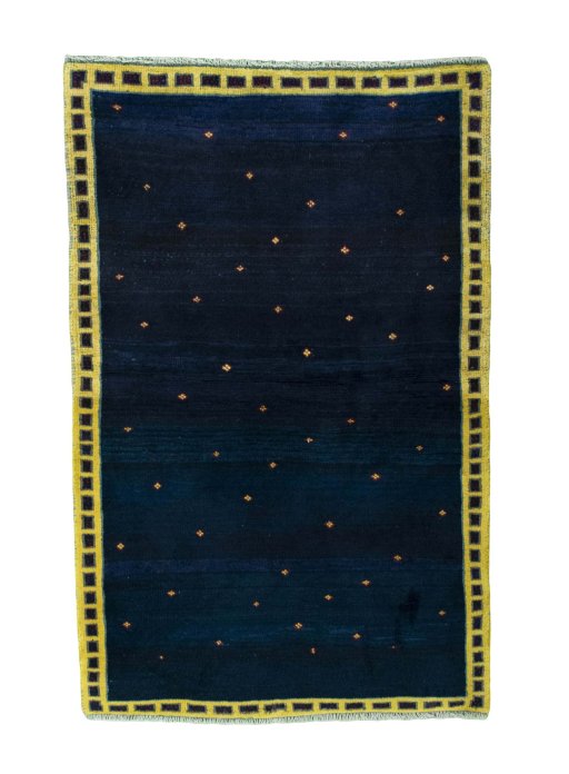 Full view of 2000s Persian Gabbeh rug from Iran / Persia, 159 × 102 cm in Blue tones