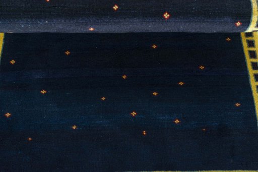 Full view of 2000s Persian Gabbeh rug from Iran / Persia, 159 × 102 cm in Blue tones