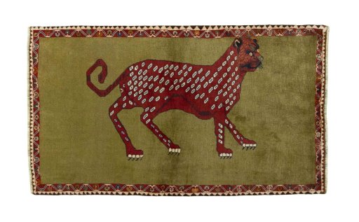 Full view of 2000s Persian Gabbeh rug from Iran / Persia, 187 × 110 cm in Green tones