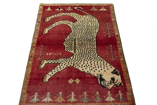 Surface texture of 2000s Persian Gabbeh rug with natural Wool and intricate pattern