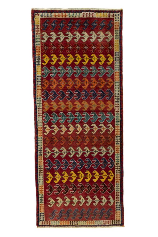 Full view of 2000s Persian Gabbeh rug from Iran / Persia, 186 × 77 cm in Red tones