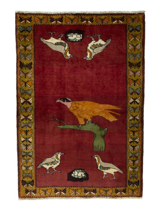 Full view of 2000s Persian Gabbeh rug from Iran / Persia, 150 × 105 cm in Red tones