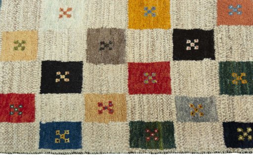 Close-up detail of New Persian Gabbeh rug from Iran / Persia showing Wool weave