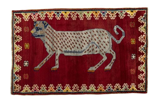 Full view of 2000s Persian Gabbeh rug from Iran / Persia, 188 × 122 cm in Red tones