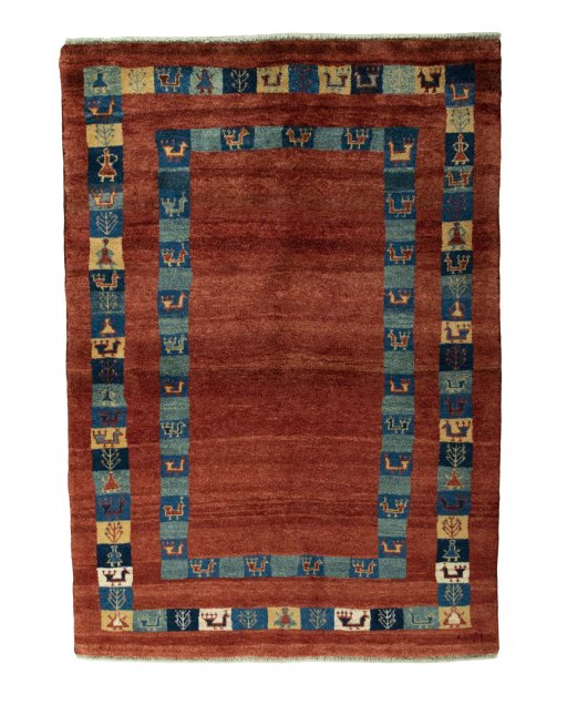 Full view of New Persian Gabbeh rug from Iran / Persia, 188 × 134 cm in Red tones