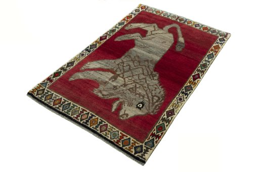 Corner detail of 2000s Persian Gabbeh rug showing border pattern and Wool pile