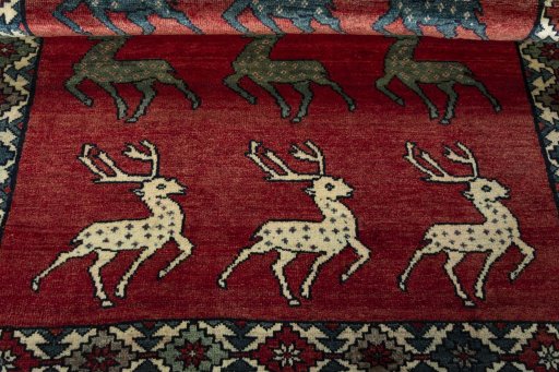 Full view of 2000s Persian Gabbeh rug from Iran / Persia, 203 × 133 cm in Red tones