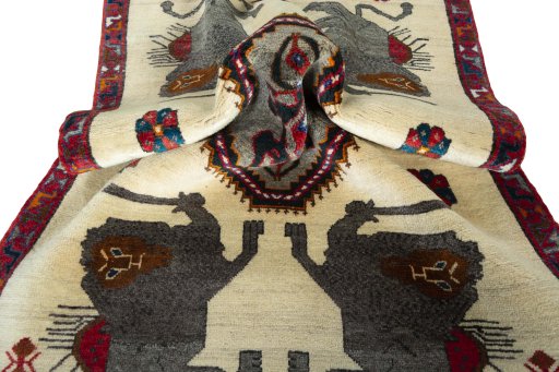 Close-up detail of 2000s Persian Gabbeh rug from Iran / Persia showing Wool weave