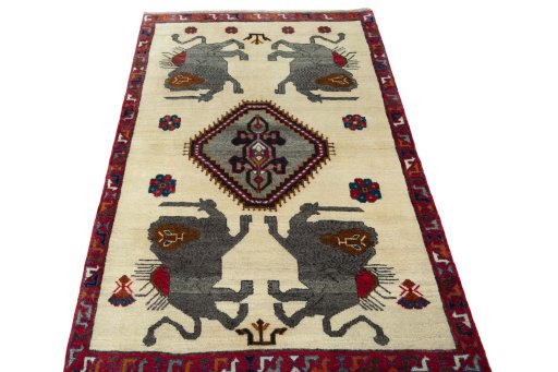Surface texture of 2000s Persian Gabbeh rug with natural Wool and intricate pattern