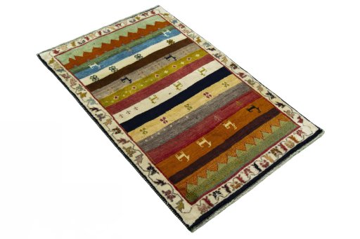 Close-up detail of 2000s Persian Gabbeh rug from Iran / Persia showing Wool weave