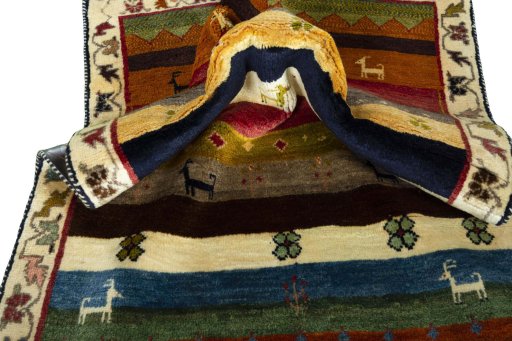 Full view of 2000s Persian Gabbeh rug from Iran / Persia, 153 × 101 cm in Multi Color tones