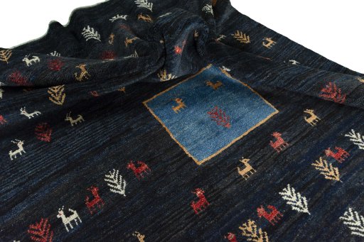 Corner detail of 2000s Persian Gabbeh rug showing border pattern and Wool pile