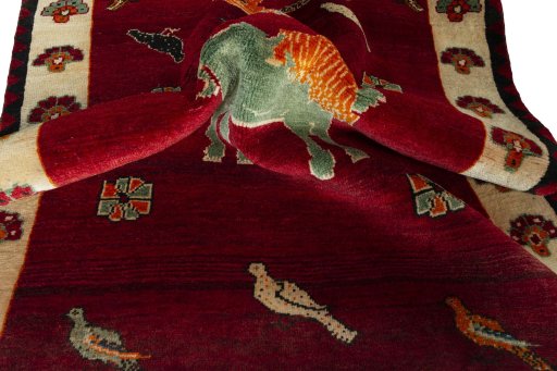 Close-up detail of 2000s Persian Gabbeh rug from Iran / Persia showing Wool weave