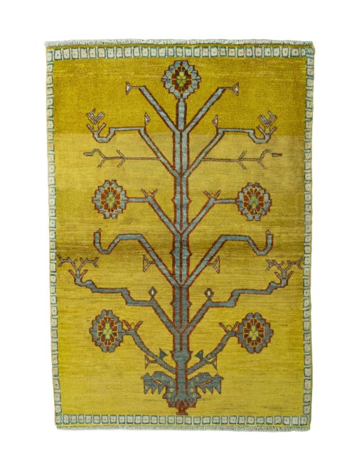 Full view of 2000s Persian Gabbeh rug from Iran / Persia, 155 × 106 cm in Yellow tones