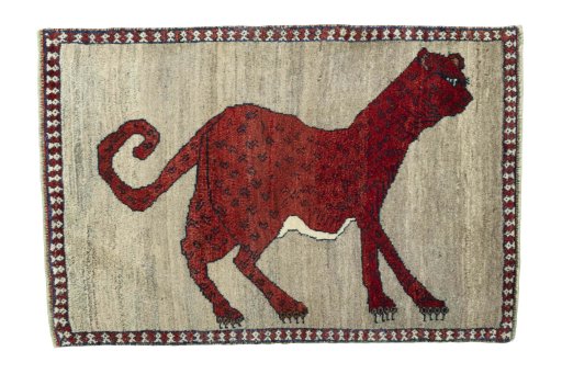 Full view of 2000s Persian Gabbeh rug from Iran / Persia, 122 × 82 cm in Beige tones