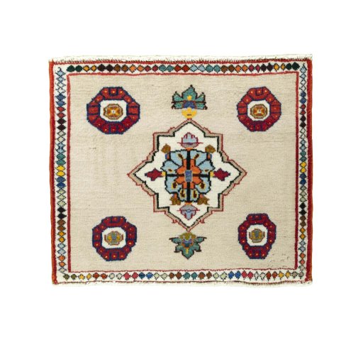 Full view of 2000s Persian Gabbeh rug from Iran / Persia, 53 × 63 cm in Red tones