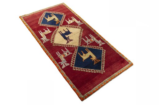 Close-up detail of 2000s Persian Gabbeh rug from Iran / Persia showing Wool weave
