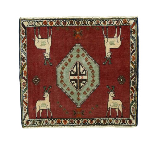 Full view of 2000s Persian Gabbeh rug from Iran / Persia, 59 × 65 cm in Red tones