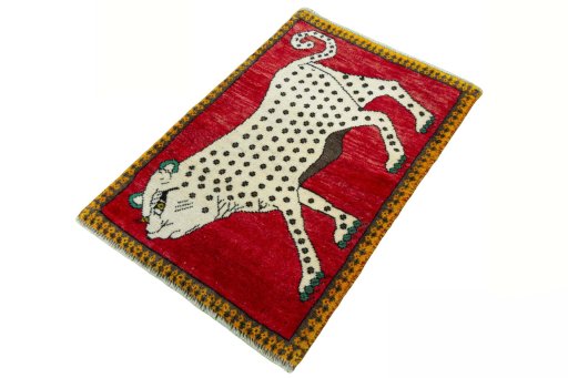 Corner detail of 2000s Persian Gabbeh rug showing border pattern and Wool pile
